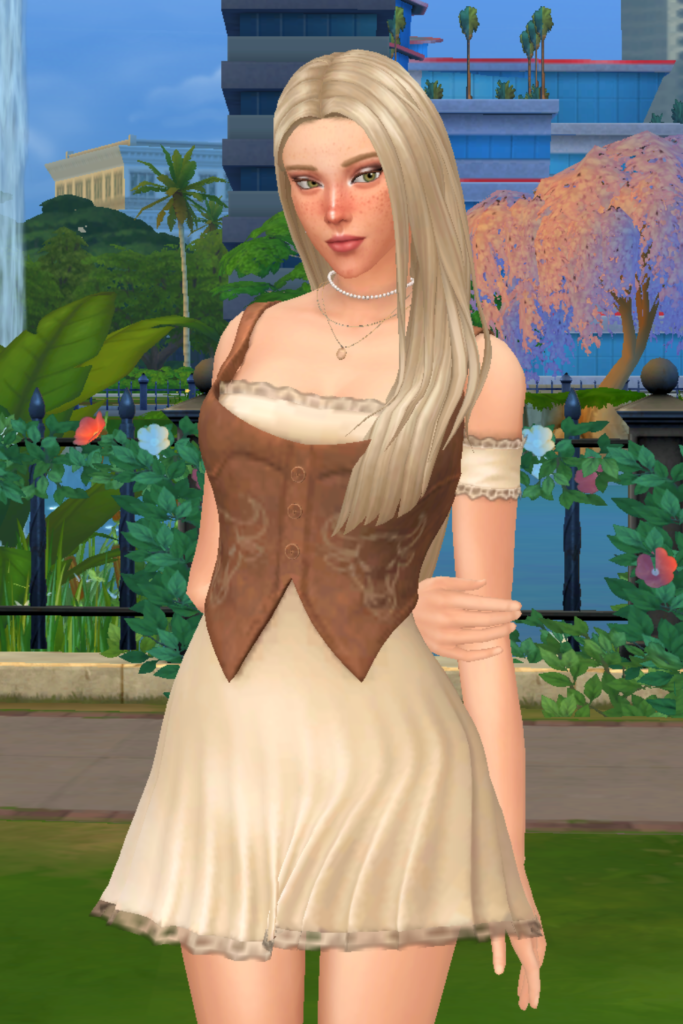 My Favourite Sims 4 CC Mini Dress Finds A blonde female Sim models a Sims 4 CC outfit consisting of a flowy cream mini dress with lace trim and a fitted brown corset vest with embroidery and front buttons.