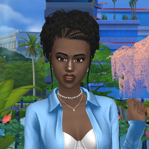A female Sim wearing Sims 4 CC braided hair poses in a park. She has short afro hair, with half braided cornrows leading to a curly afro hairstyle.