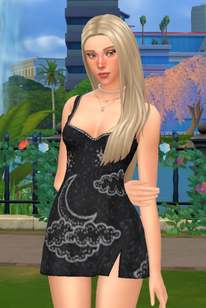 My Favourite Sims 4 CC Mini Dress Finds A blonde female Sim models a Sims 4 CC outfit recreation of The Midnight Dress by Annies Ibiza. Black sequin mini dress with detailings of the night sky.