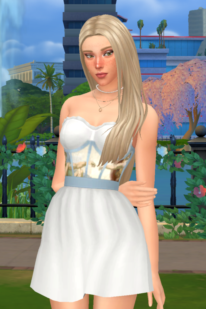 My Favourite Sims 4 CC Mini Dress Finds A blonde female Sim models a Sims 4 CC corset mini dress, the corset has The Creation of Adam by Michelangelo painted on it.