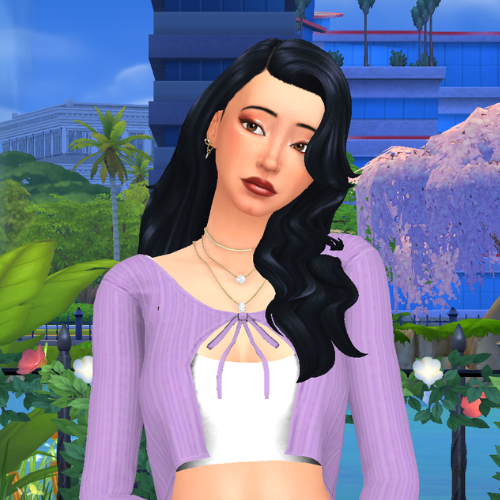 A female Sim wearing Sims 4 CC wavy long hair poses in a park. She has a side part and wavy hair.