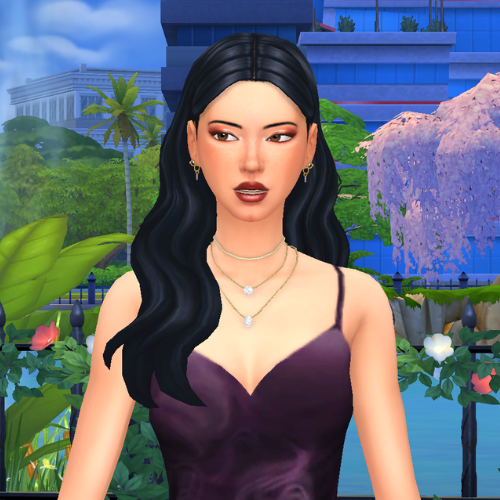 A female Sim wearing Sims 4 CC wavy long hair poses in a park. She has a beach wave hairstyle tucked behind her ears.